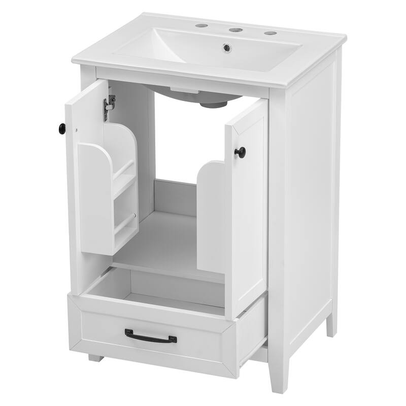 24" Bathroom Vanity with Sink, Bathroom Vanity Cabinet with One Drawer and Doors, Adjustable Shelf, Solid Wood and MDF, White