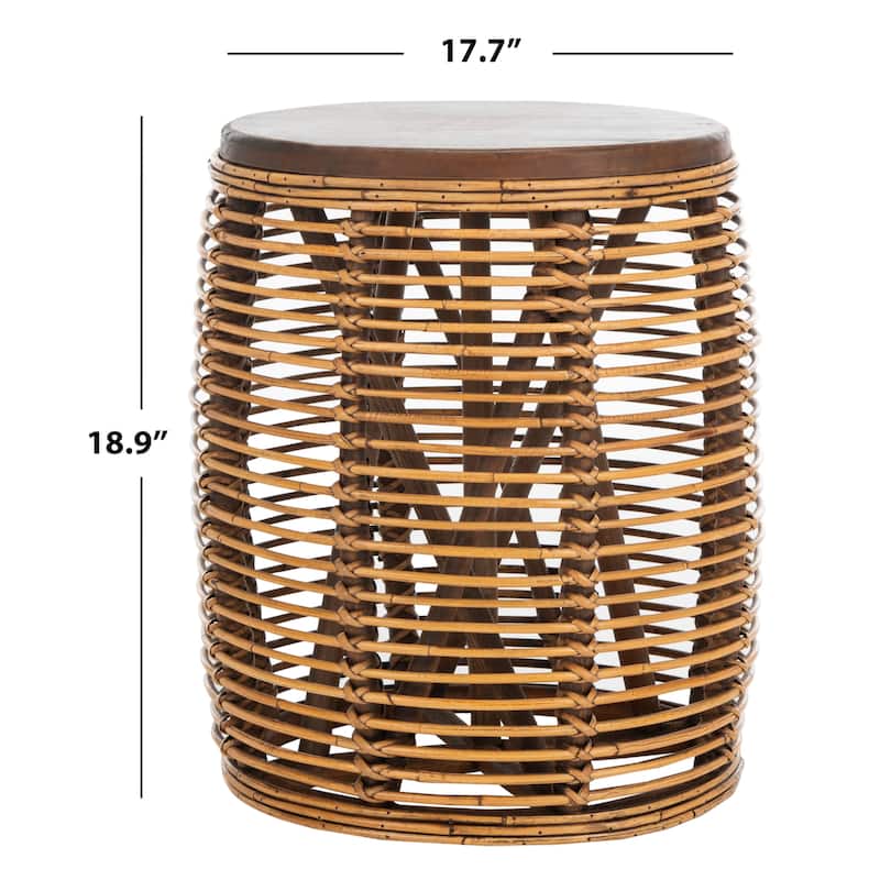 SAFAVIEH Leliana Rattan White Washed Drum Stool Accent Table - 17.7" x 17.7" x 18.9" - 18Wx18Dx19H