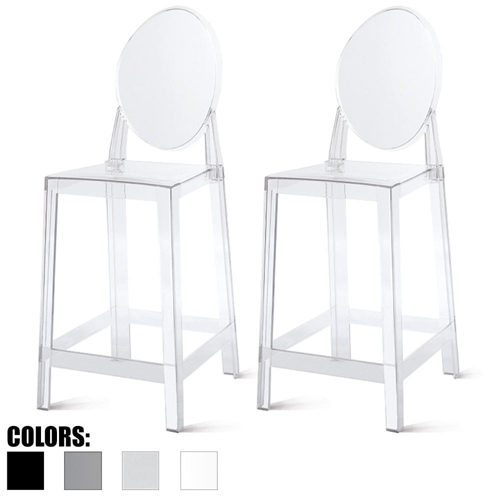 Set of 2 Modern 25" Seat Counter Height Stool With Oval Backs Plastic Molded High Chairs For Dining Patio Kitchen Crystal Garden