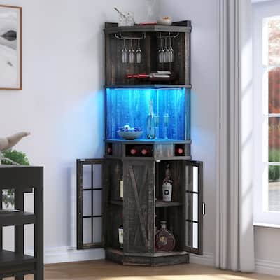 72" Tall Farmhouse Corner Bar Cabinet with Glass Door & LED Lights