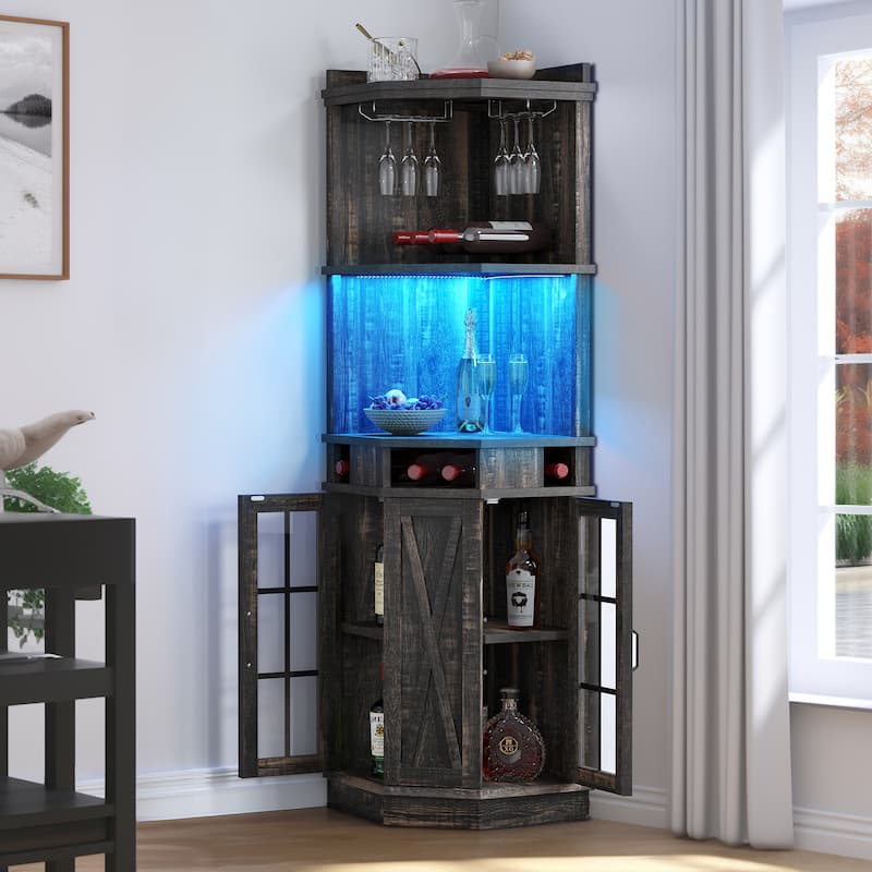 Moasis Corner Bar Cabinet Wine Rack Display Shelves with RGB Lights and Glass Holder - Black Oak