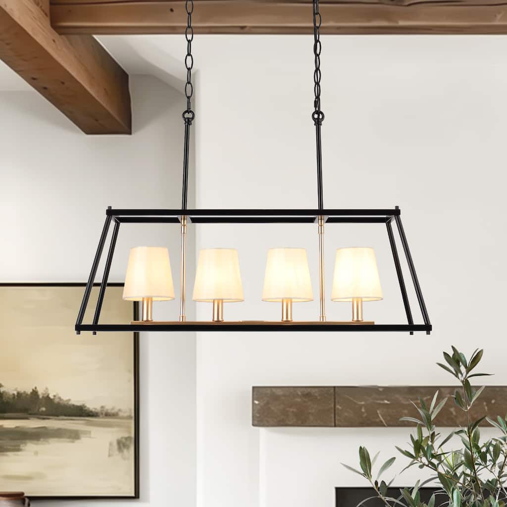 Modern Farmhouse 4-Light Black Gold Chandeliers Rectangle Island Lights with Fabric Shades - 28.5 "