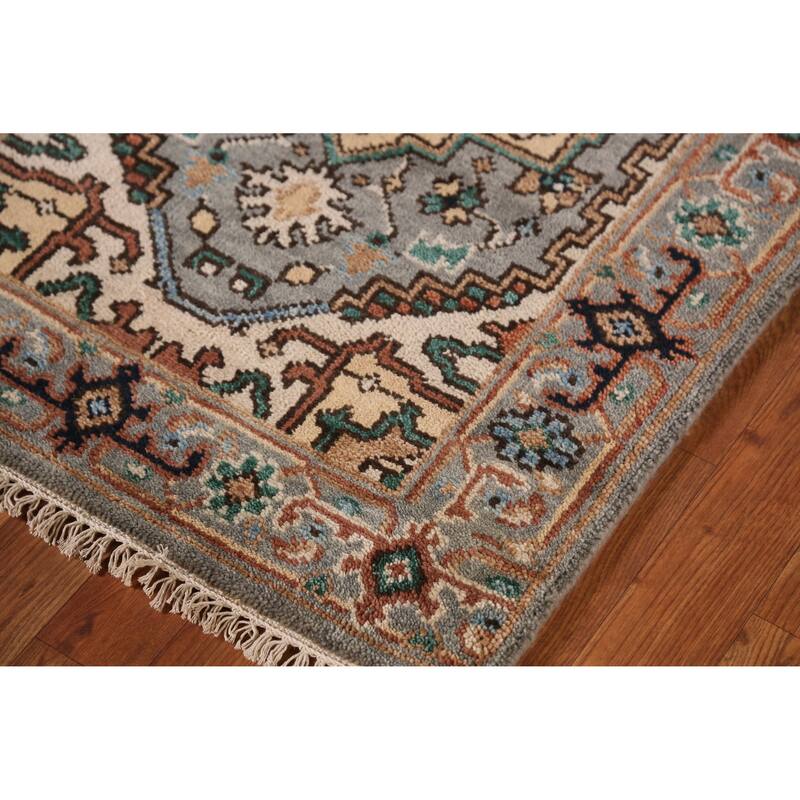 Gray Geometric Heriz Serapi Indian Runner Rug Hand-Knotted Wool Carpet - 2'7" x 7'11"