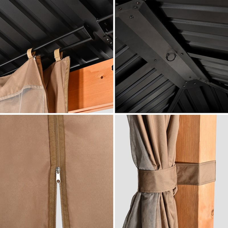 11 ft. x 13 ft. Outdoor Double Roof Hardtop Wooden Patio Gazebo with Netting and Curtains