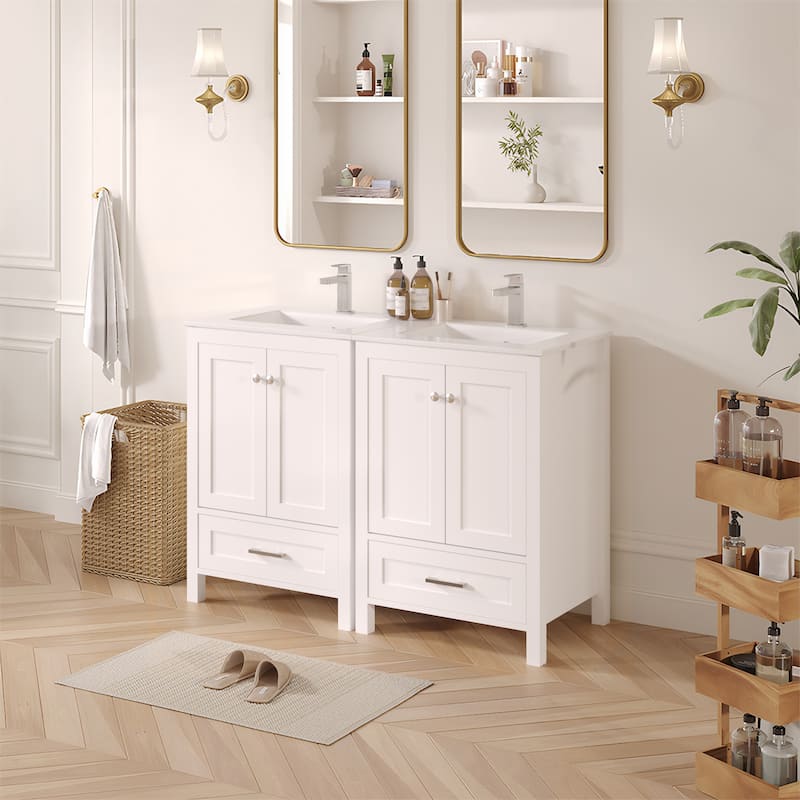 EROMMY All-in-One Bathroom Vanity with Ceramic Sink, Soft-Close Storage Cabinet & Drawer, Glossy Countertop, White