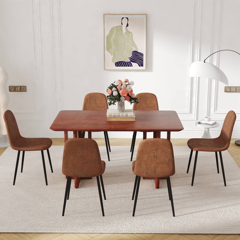 Solid Wood Dining Table Set for 6, 59" Tables with Imitation Rattan Legs And 6 Chairs, 7-Piece Modern Dining Table & Chair Set