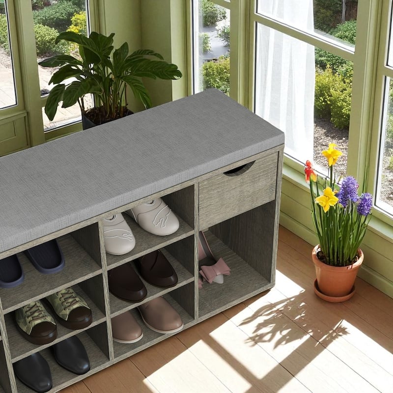 Storage Bench with Cushion, 10-Compartment Shoe Rack Bench with Drawer, Entryway Organizer Bench 40.9" Wide, 330 lb Capacity