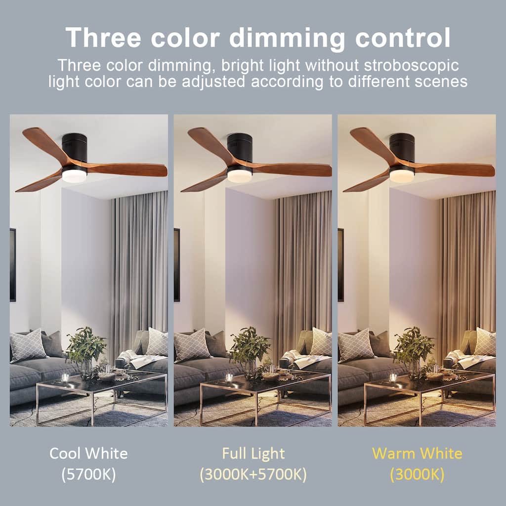 Modern Ceiling Fan Light with Light and 6 Wind Speeds, 3 Solid Wood Blades for Bedroom and Living Room