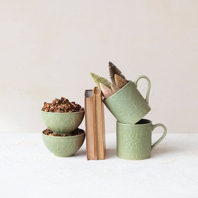 Hand-Painted Speckled Stoneware Mugs with Christmas Tree, Set of 2