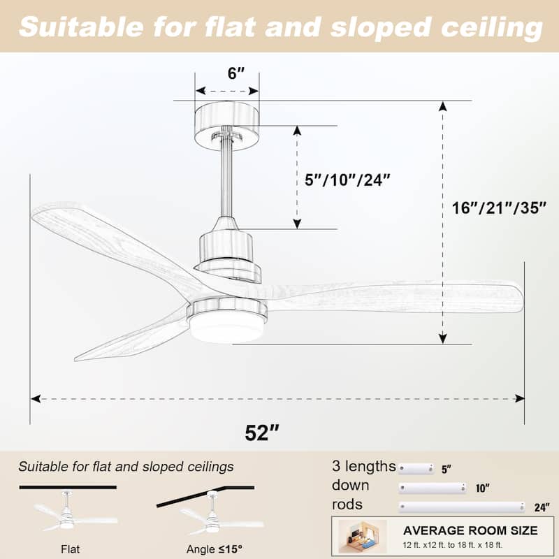 50 Inch / 60 Inch Wood Ceiling Fan with Lights and Remote Control Airflow Fan For Bedroom