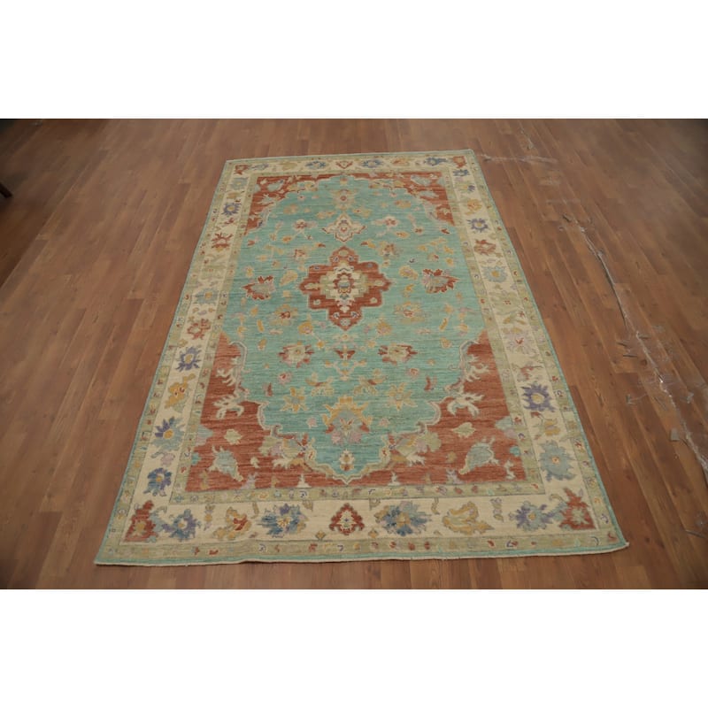 Hand Knotted Oriental 100% Wool Carpet Transitional Floral Navy Blue & Blues Oushak Area Rug - 7' 11'' X 5' 1''