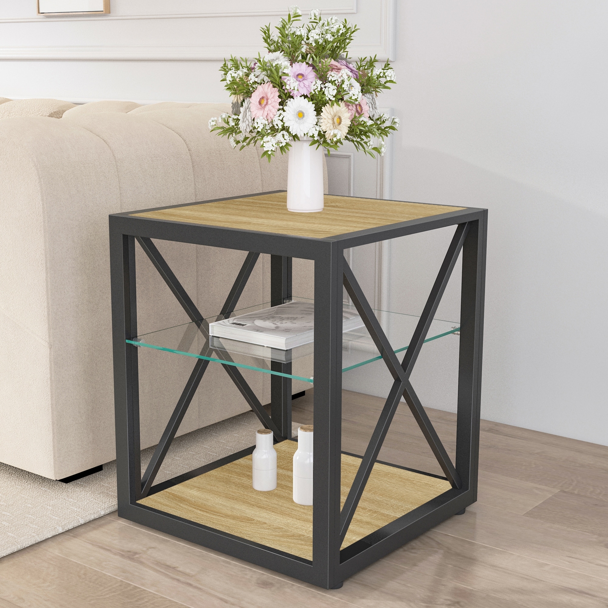 1 Piece Modern End Table Nightstand, Tempered Glass&Natural Wood Mdf Top,Industrial Style Side Table