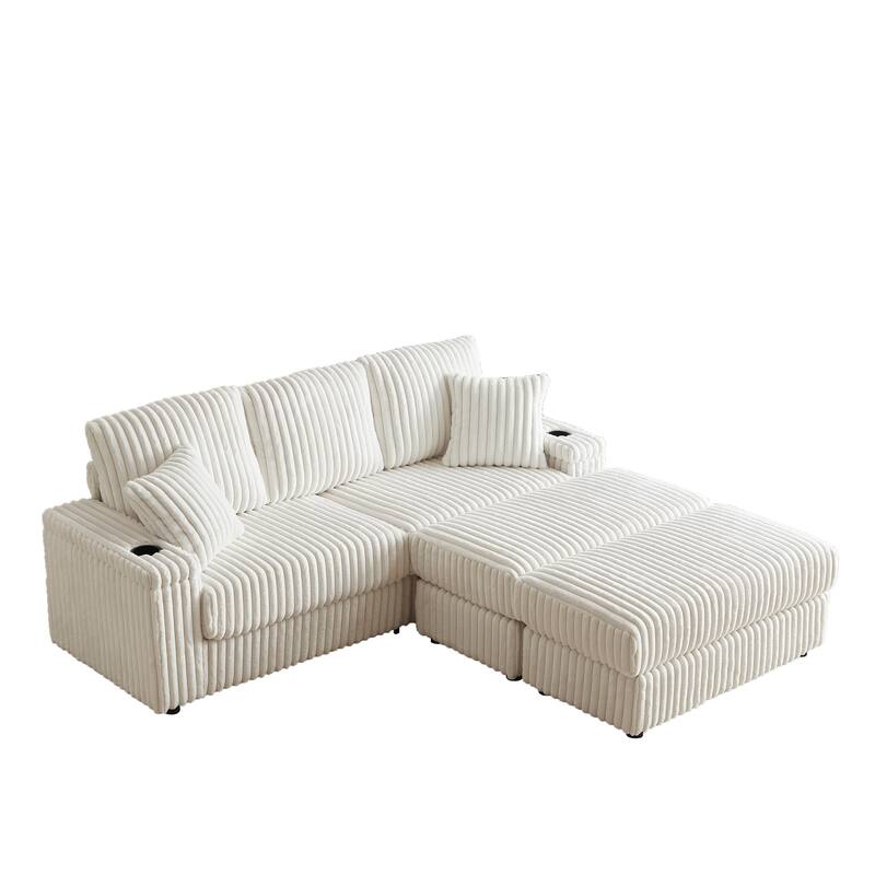 Deep Seat Sectional Loveseat Set with 2 Ottoman and 2 Pillows, Corduroy Chaise Lounge Bed with 2 Storage Spaces and Cupholding