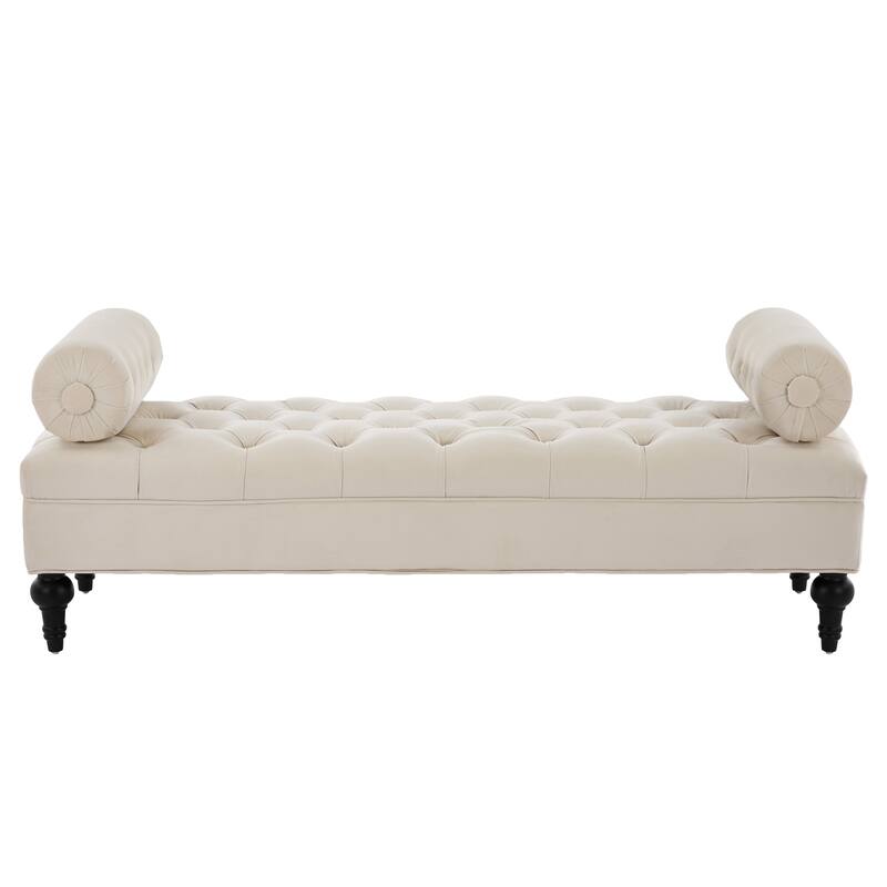 Beige Velvet Modern Ottoman Bench for Bedroom - Comfy End-of-Bed Footstool with Detachable Pillows