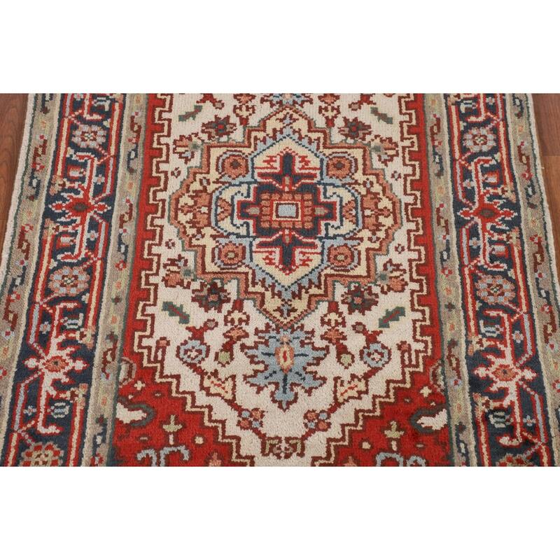 Ivory Geometric Heriz Serapi Oriental Accent Rug Handmade Wool Carpet - 3'0" X 4'11"