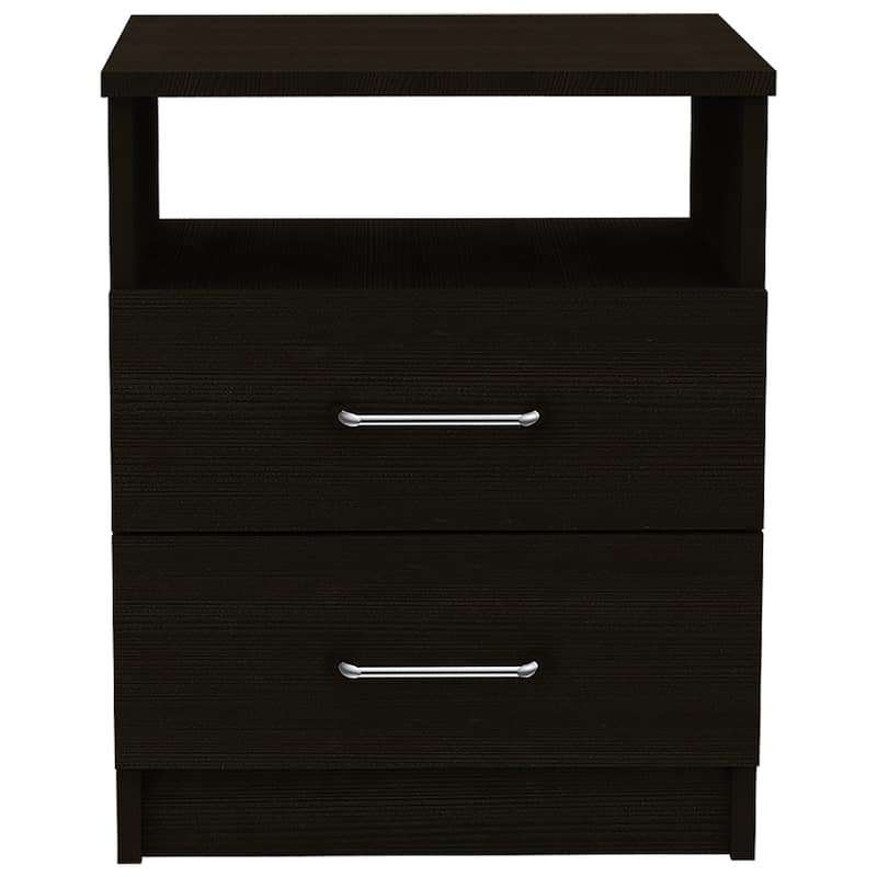 Brown Oak 2-Drawer Rectangular Nightstand with Metal Handles for Bedroom - Brown