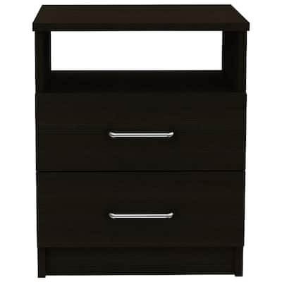 Brown Oak 2-Drawer Rectangular Nightstand with Metal Handles for Bedroom