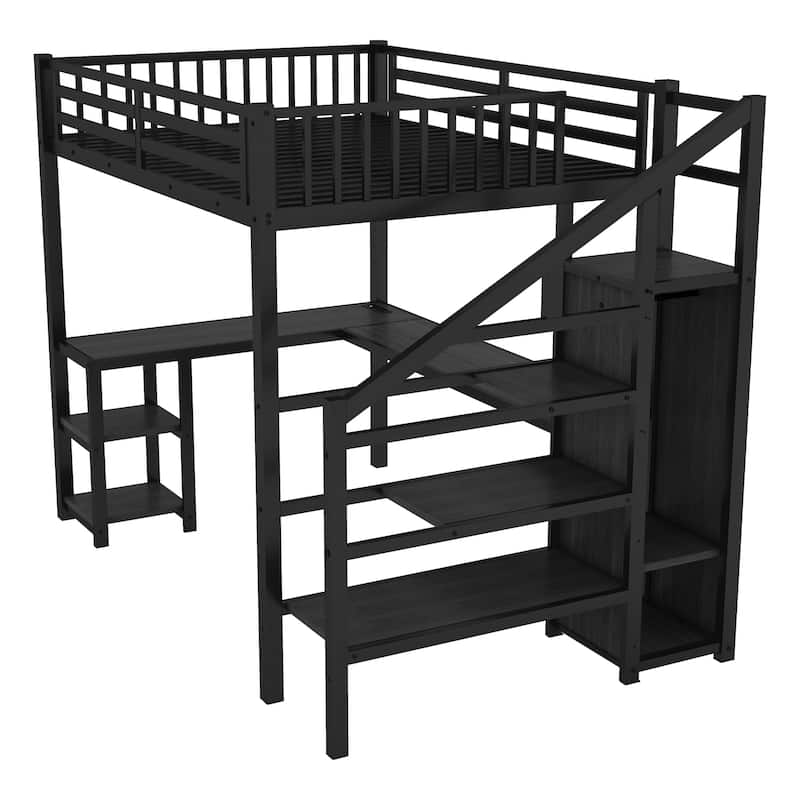 Full Loft Bed with Wardrobe & L-Shaped Desk and Built-in LED Lights, USB Ports & 350lb Capacity