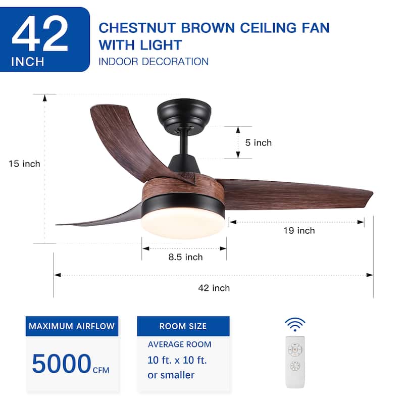 42" Rustic LED Ceiling Fan with Brown Wood Grain ABS Blades and Remote Control
