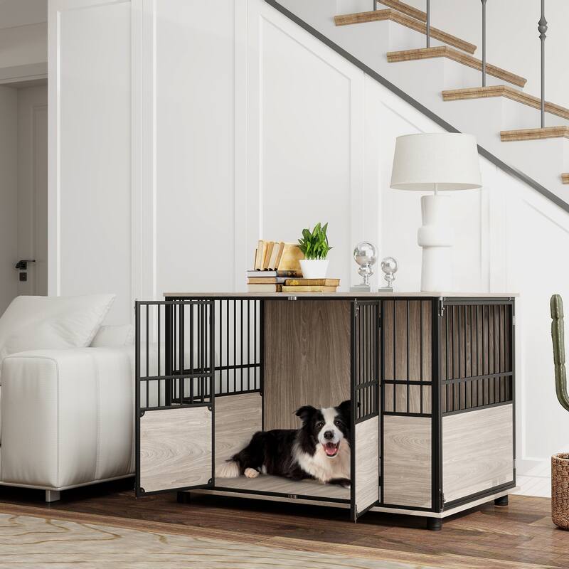 Living Room Dog Kennel Dog Room Side Table Nightstand with Raised Base and Two Front Doors Dog House Dog Crate