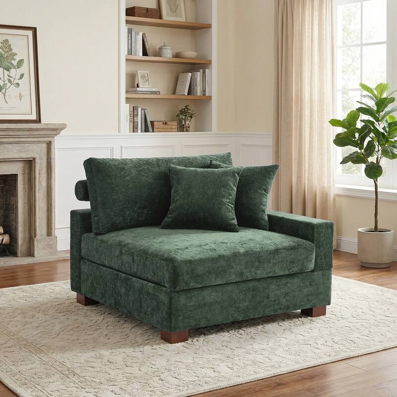 Plush Chenille Single Modular Sectional Sofa Chaise with Pillows - Green-Sofa R - Right Facing