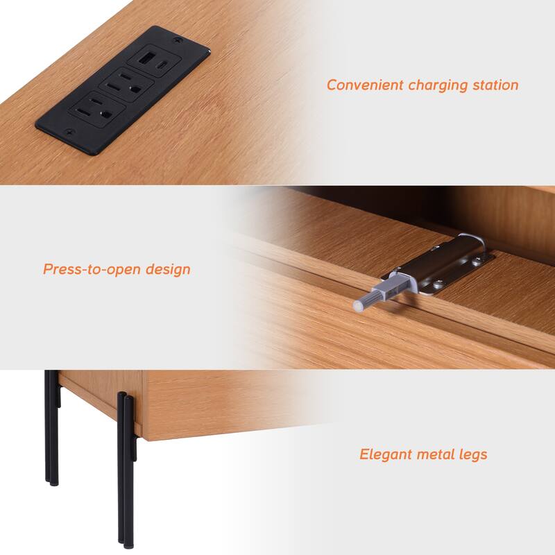 WAMPAT Modern Minimalist Nightstand And Bedside Cabinet Set, Reeded Bedroom Set, Oak Wooden Chest With Hidden Handles