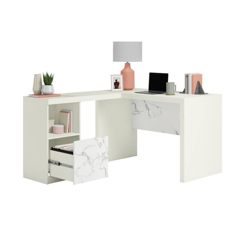 Wood L-Shaped Desk with File Drawer, White