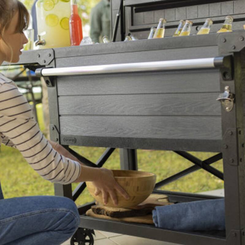 Keter Outdoor Patio Cooler Chest, 89.8 Qt Beverage Bar Cart w/ Wheels, Graphite
