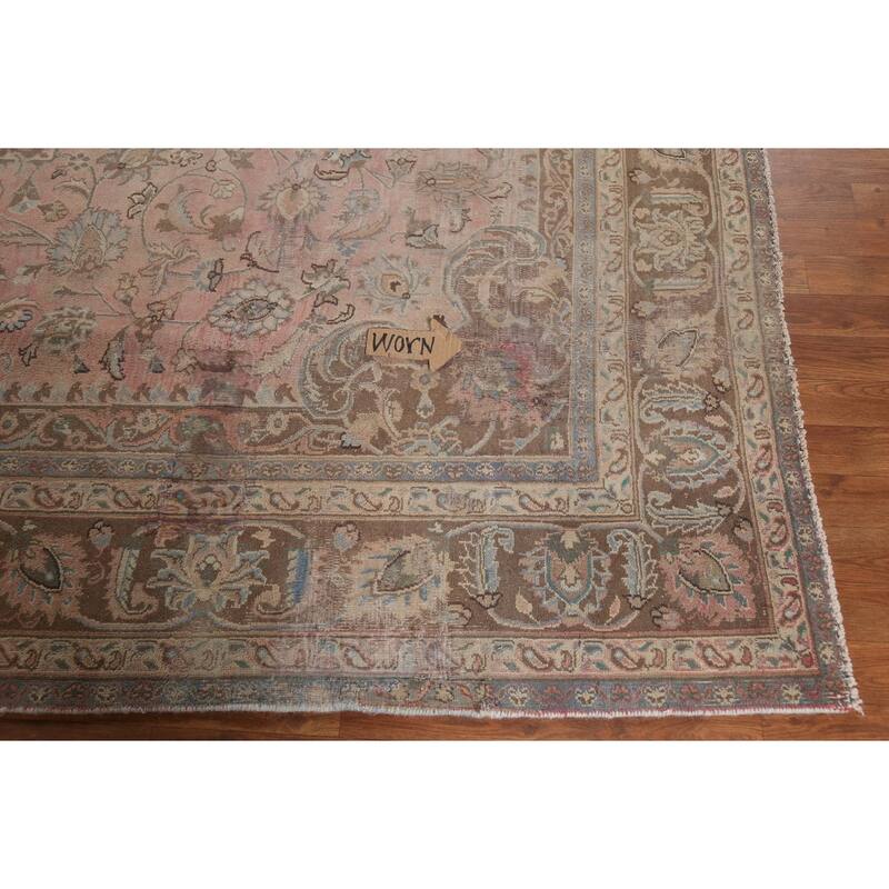 Traditional Pink Mashad Persian Vintage Rug Hand-Knotted Wool Carpet - 8'0"x 10'10"