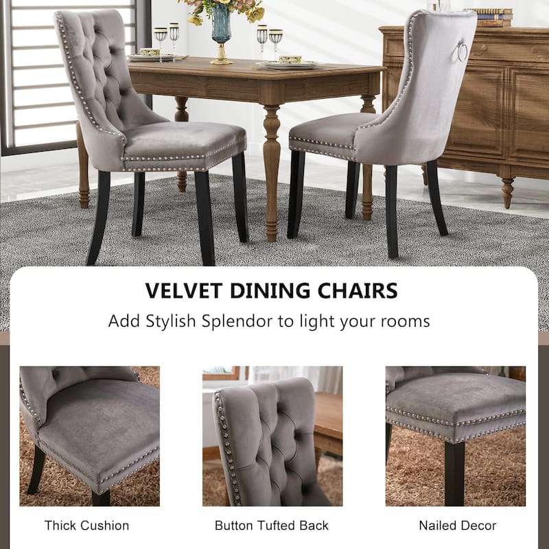 Set of 2 Hollywood Glam Velvet Dining Chairs – Tufted Back with Nailhead Trim and Ring Pull, Modern Accent Side Chairs