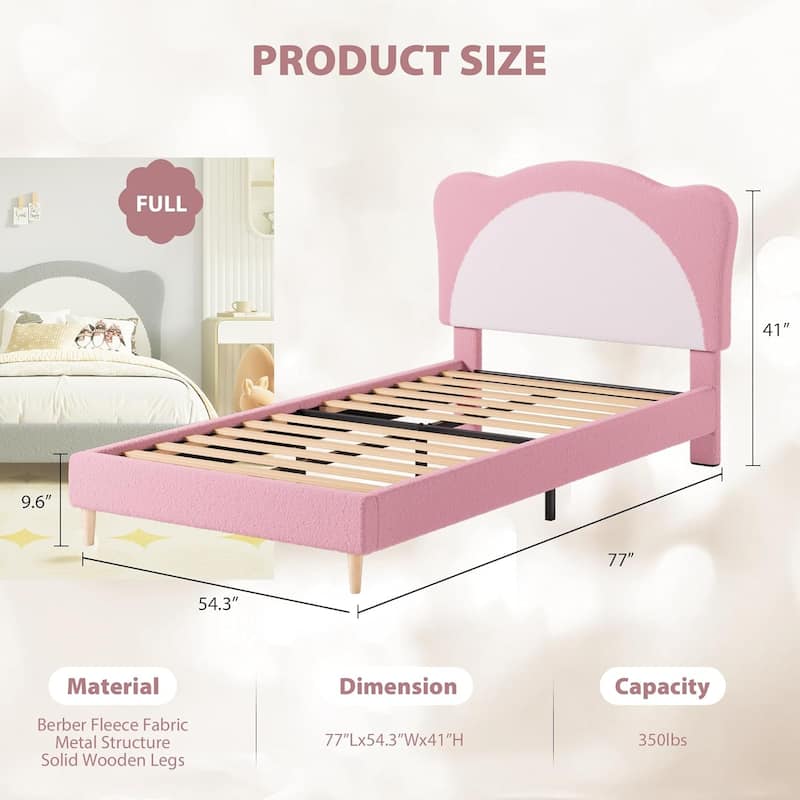 Velvet Kids Bed Frame with Adjustable Scallop Headboard, Princess Style Platform Bed, Solid Wood Slats