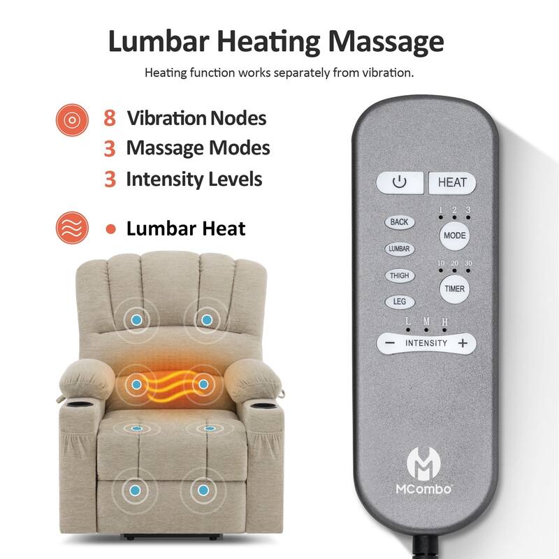 MCombo Power Lift Recliner Chair, Massage and Heat for Elderly, Extended Footrest,Cup Holders, USB Ports 7095