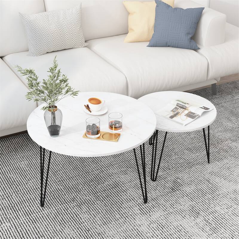 27.56" Round Nesting Coffee Table with Metal Base (Set of 2)