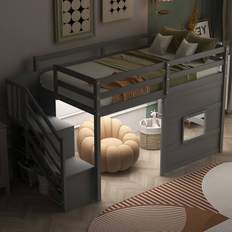 Gray Twin Loft Bed with Storage Staircase, Window & LED Lights - Space-Saving Kids Furniture