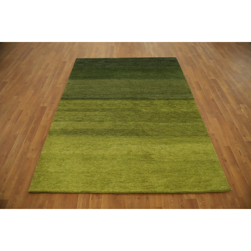 Hand Knotted Oriental 100% Wool Carpet Modern Stripe Green Gabbeh Area Rug - 6' 6'' X 4' 10''
