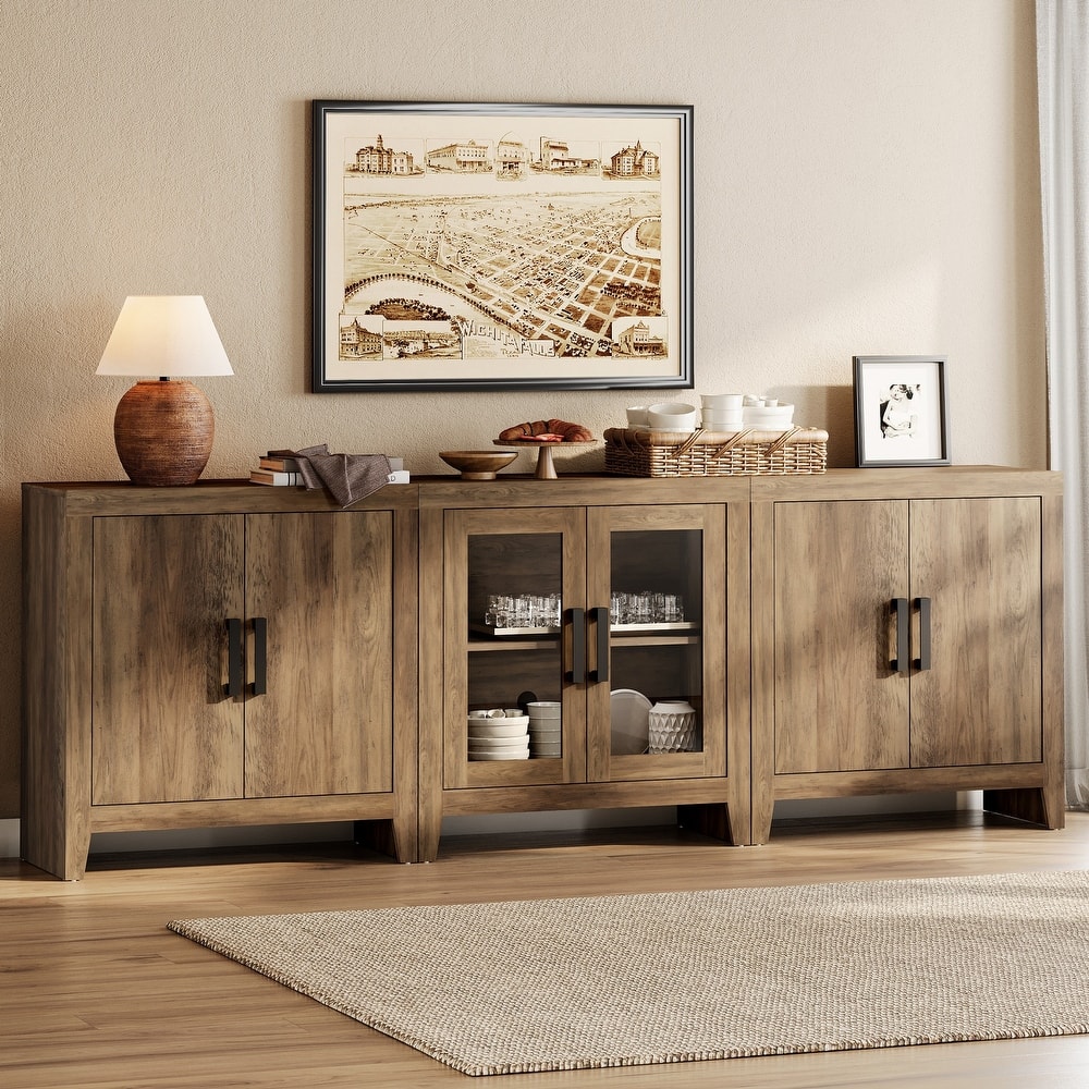 WAMPAT Farmhouse Buffet Cabinet with Glass Doors, 3-Piece Modular Sideboard with Adjustable Shelves
