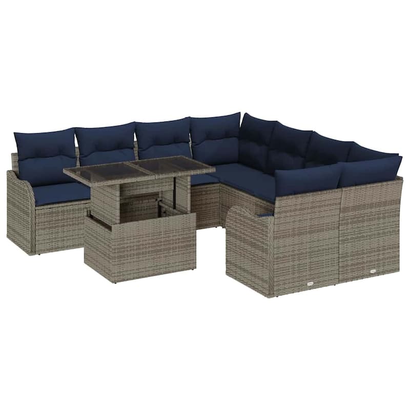 vidaXL 9 Garden Sofa Set with Cushions Black/Brown/Grey Poly Rattan - 91.5 x 92.1 x 27.2