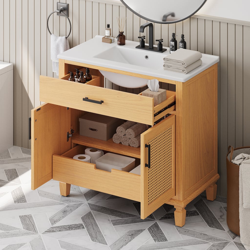 36" Rattan Modern Bathroom Vanity with Ceramic Sink - 2 Soft-Close Doors & 3 Drawers, Solid Wood Legs, Spacious Storage
