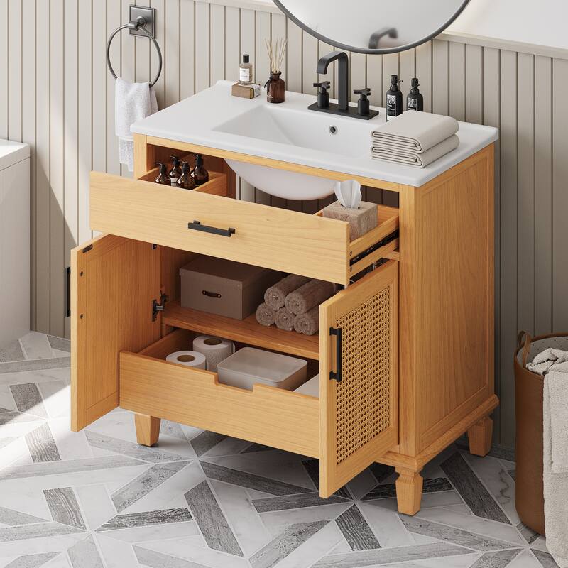 36"Bathroom Vanity with Ceramic Sink,Bathroom Cabinet with 2 Soft Close Doors and 3 Drawers,Free-standing Vanity with Wood Legs