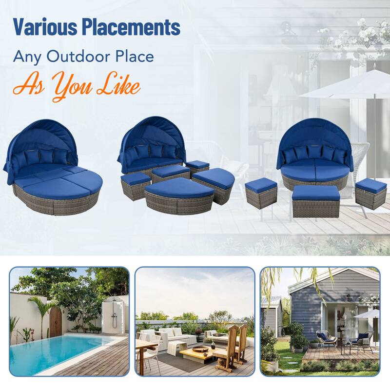 Modern Round Outdoor Rattan Sofa Bed with Retractable Canopy, Convertible into Coffee Table, Suitable for Patio and Outdoor Pool