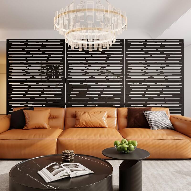 1PCS 72 in H x 46 in W Metal Privacy Screen Panel Freestanding Outdoor Divider with Stand Stripe02-Brown