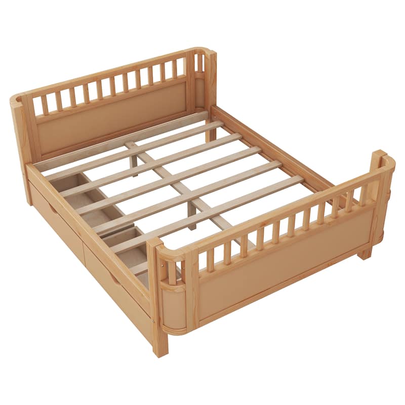 Wooden Kids Bed with 2 Storage Drawers, Guardrails and Removable Side Rail, Rounded Corners Frame Montessori Bed, Toddler Bed