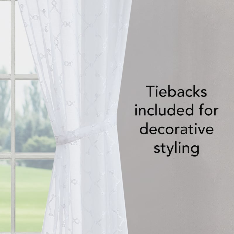 Creative Home Ideas Selena Embroidered Sheer Rod Pocket Window Curtain Panel Pair with Tiebacks