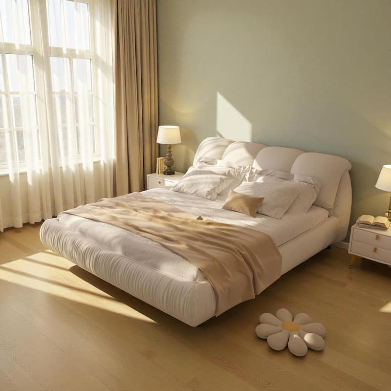 Queen/King Size Luxury Upholstered Platform Bed with Oversized Padded Headboard, Solid Wood Frame & Adjustable Mattress Height