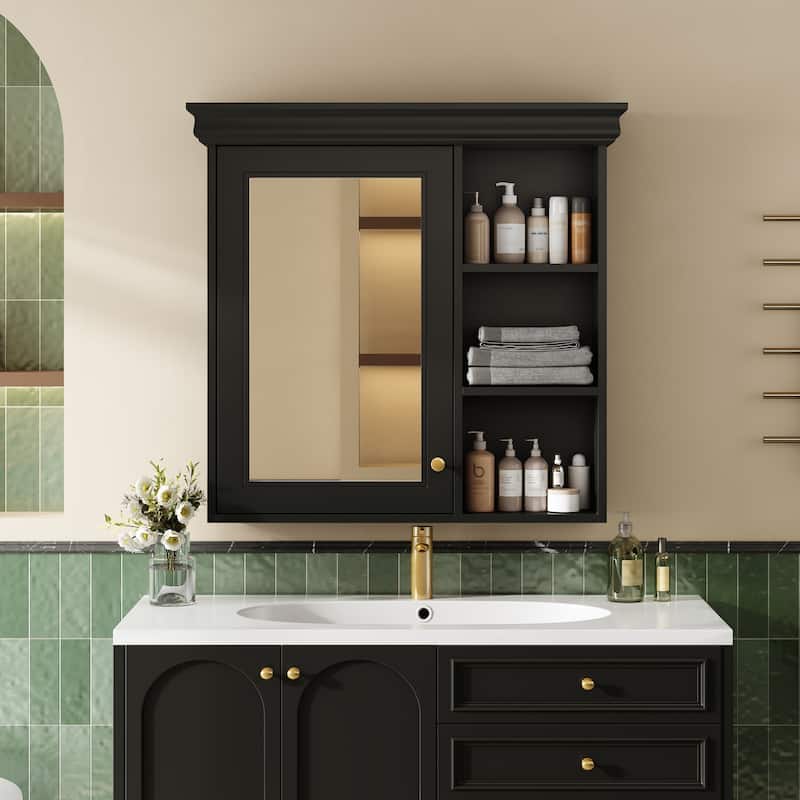 Mirrored Cabinet for Bathroom Wall Cabinet Storage Medicine Cabinet with Open Shelves and Adjustable Internal Shelf Heights - Black