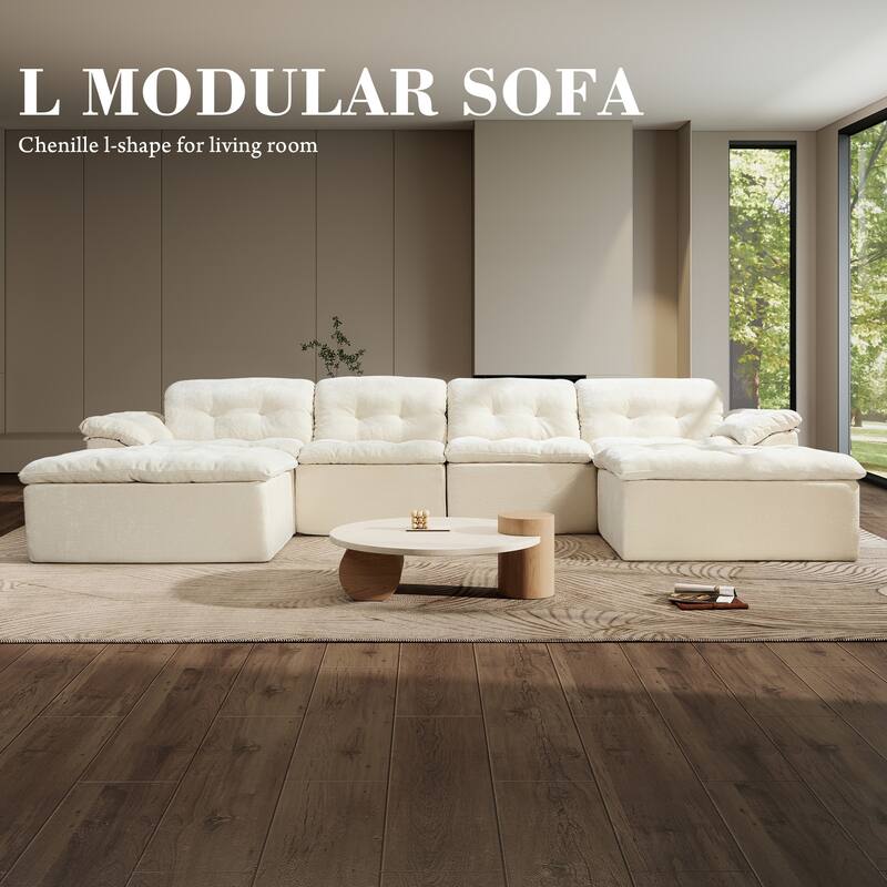 Rossetta 4-Seater Chenille Upholstery Modular Convertible Design Generous Seating Cushioned Sofa with 2 Versatile Ottomans