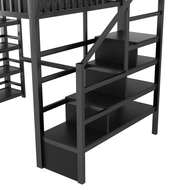 Full Size Metal Loft Bed with Charging Station and 4-Shelf Storage, Kids & Teens Loft Bed with Storage Stairs