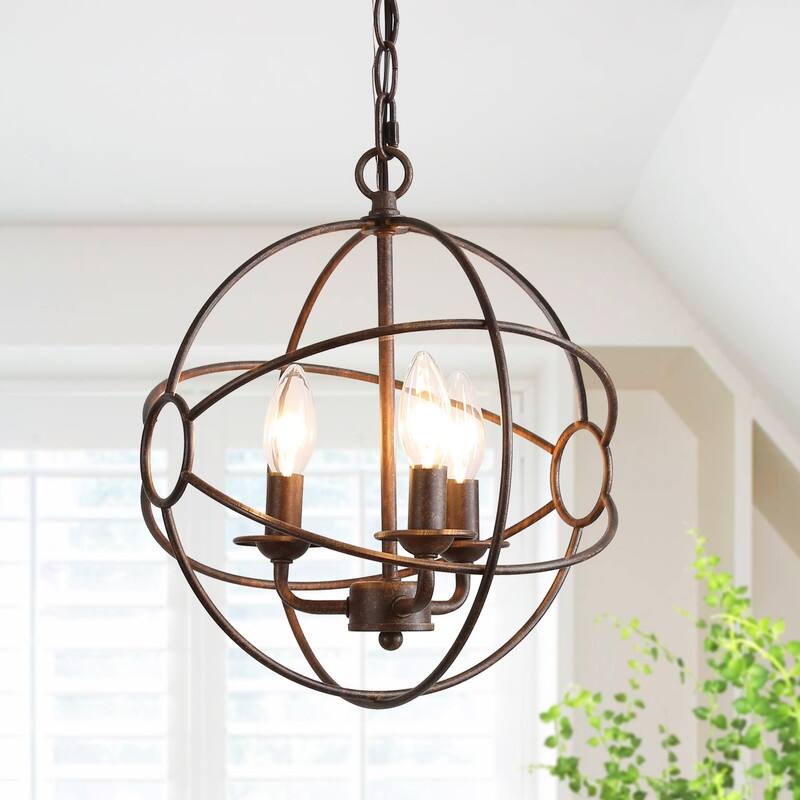 Farmhouse Rustic 3-Light Metal Globe Chandelier Pendant Light for Kitchen Island Dining Room - 12"W x 14"H