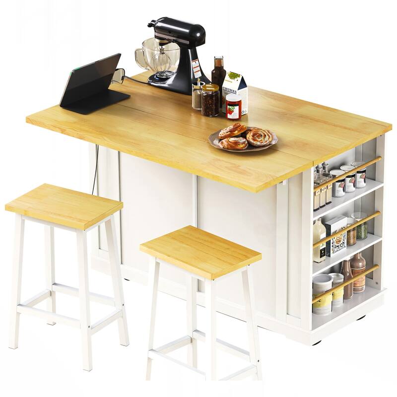 Kitchen Island with 2 Bar Stools, Power Outlet, Door Internal Storage Rack, Kitchen Storage Cart on 5 Wheels with Drop Leaf
