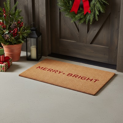 HomeRoots 17" X 29" Brown And Red Christmas Merry and Bright Outdoor Coir Door Mat - 17.00' X '29.00